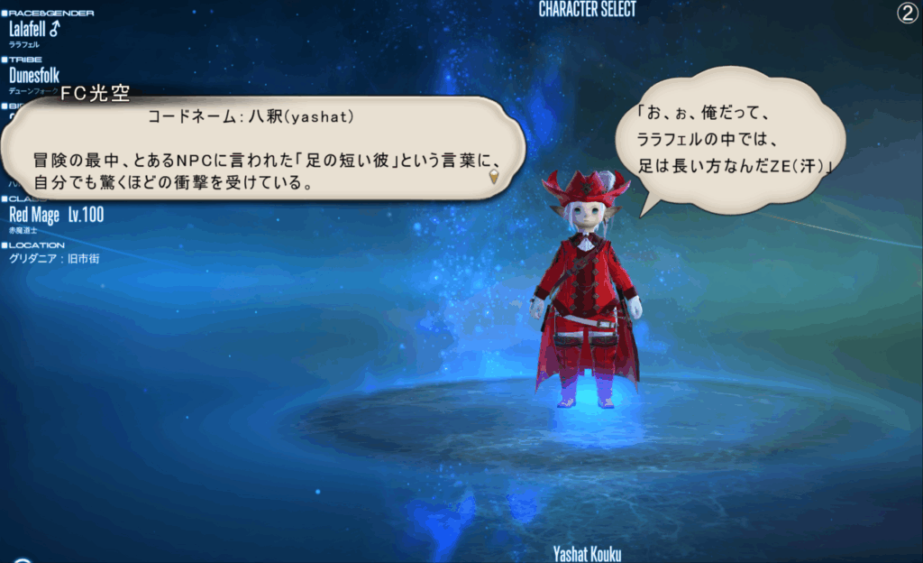 コードネーム:八釈(yashat) 冒険の最中、とあるNPCに言われた「足の短い彼」という言葉に、自分でも驚くほどの 衝撃を受けている。 「お、ぉ、俺だって、ララフェルの中では、 足は長い方なんだZE(汗)」