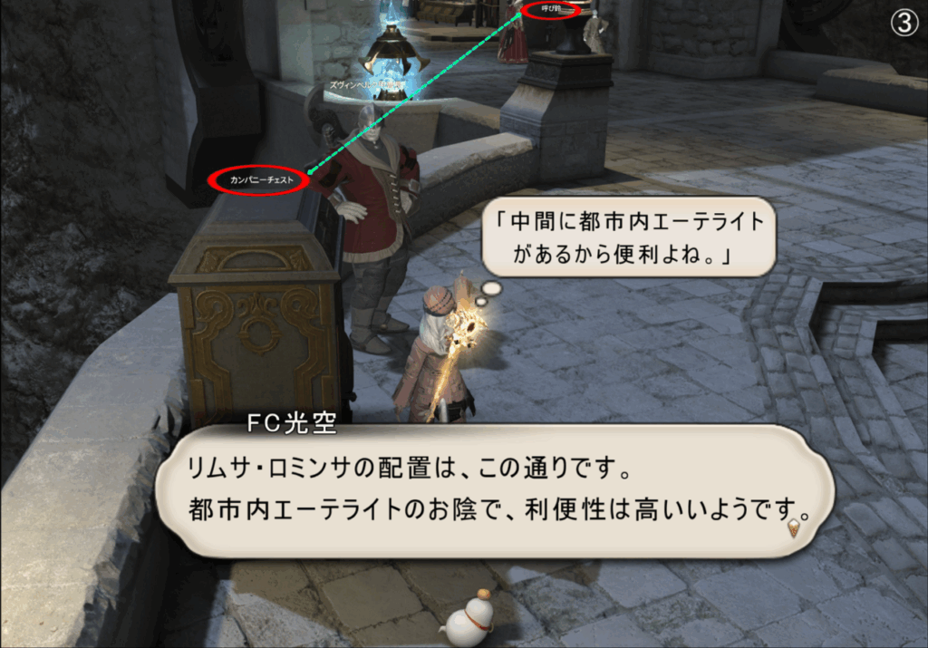 リムサ・ロミンサの配置は、この通りです。 都市内エーテライトのお陰で、利便性は高いいようです。 「中間に都市内エーテライト があるから便利よね。」
