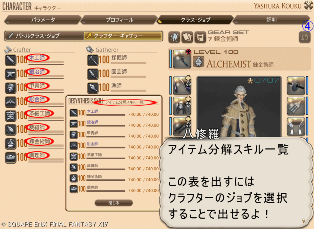 八修羅 アイテム分解スキル一覧 この表を出すには クラフターのジョブを選択 することで出せるよ!