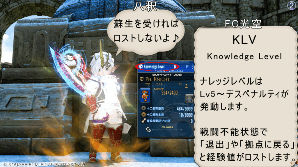 FC光空 KLV Knowledge Level ナレッジレベルは Lv5~デスペナルティが 発動します。 戦闘不能状態で 「退出」や「拠点に戻る」 と経験値がロストします。 八釈 蘇生を受ければ ロストしないよ♪