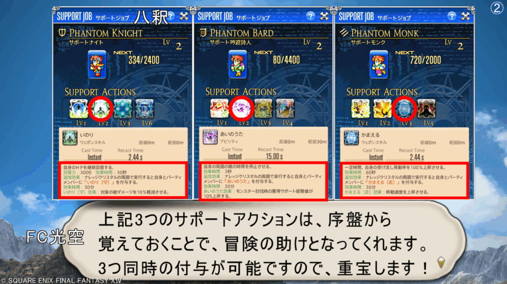 FC光空 上記3つのサポートアクションは、序盤から 覚えておくことで、冒険の助けとなってくれます。 3つ同時の付与が可能ですので、重宝します!