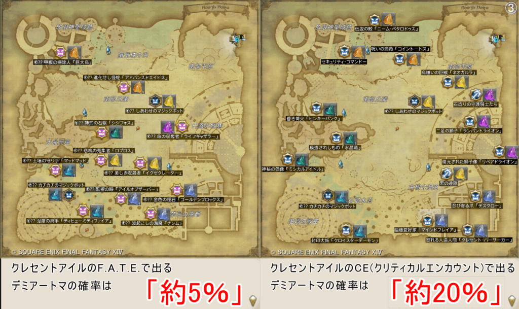 クレセントアイルのF.A.T.E.で出る デミアートマの確率は 「約5%」 クレセントアイルのCE(クリティカルエンカウント)で出る デミアートマの確率は 「約20%」