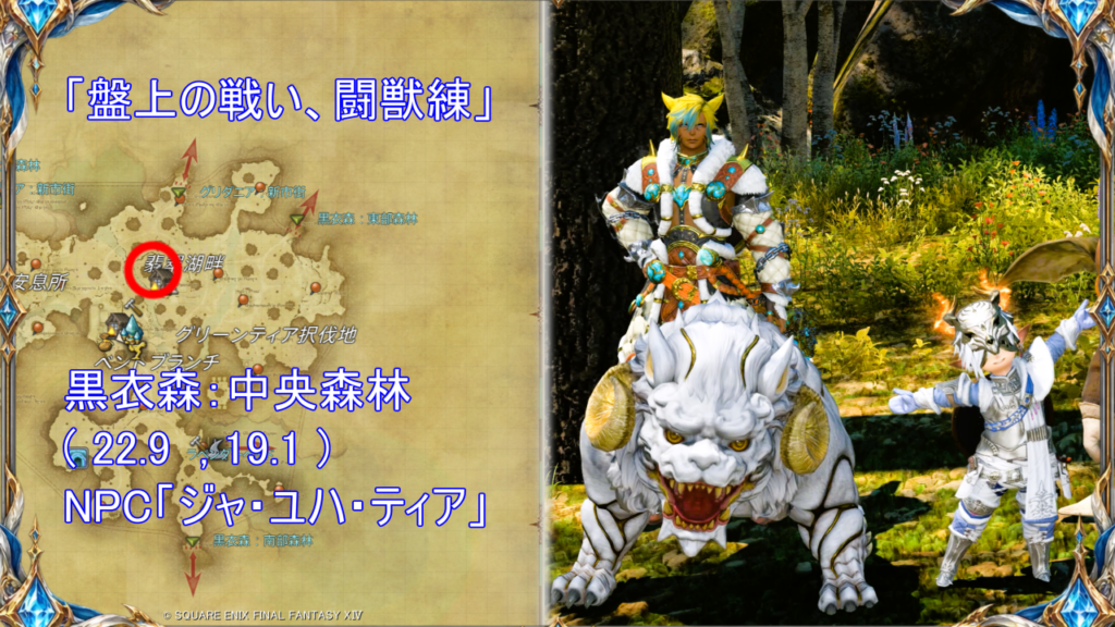魔獣使いジョブクエスト「盤上の戦い、闘獣練」受注場所｜黒衣森：中央森林 X:22.9 Y:19.1｜NPC「ジャ・ユハ・ティア」