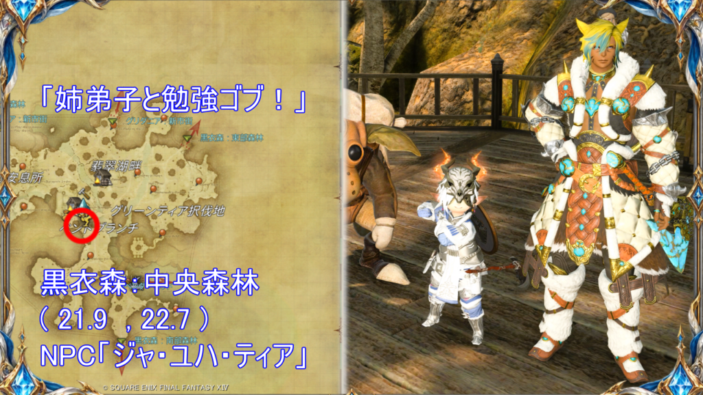 魔獣使いジョブクエスト「姉弟子と勉強ゴブ！」受注場所｜黒衣森：中央森林 X:21.9 Y:22.7｜NPC「ジャ・ユハ・ティア」